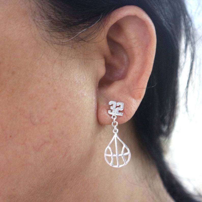 Mother Basketball Jewelry Ear Jacket Gift for Mom Girlfriend Team Couch Gift Silver Basketball and Number Stud Earring