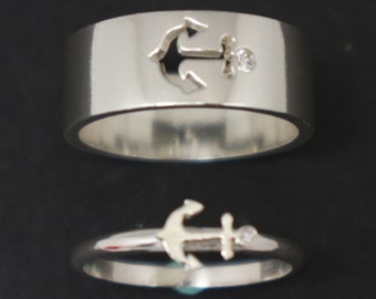 Silver Anchor Couple Set Promise Ring: Personalized Custom Name Gift for Sailor