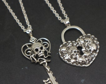 Silver Skull Key Lock Couple Necklace Set - Matching Necklace for Couples