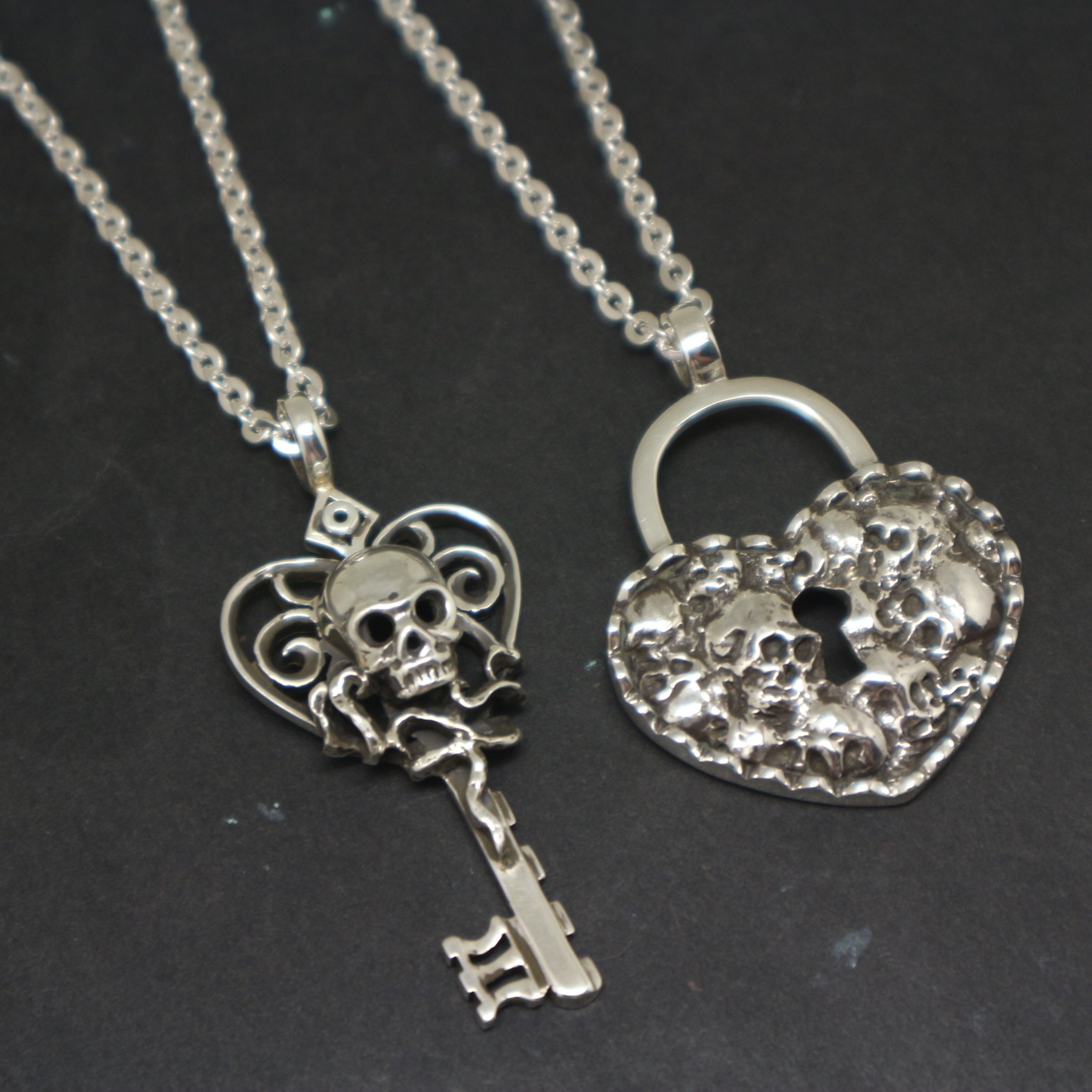 Silver Skull Key Lock Couple Necklace Set Matching Necklace 