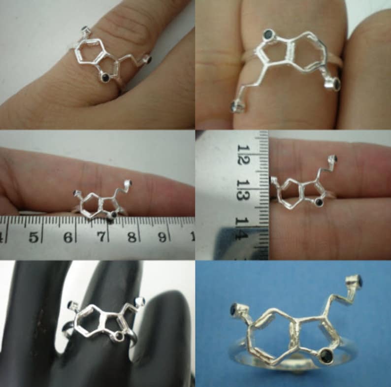 Science Serotonin Molecule Ring Black Birthstone Happiness Science Nerd Wedding Geeky Valentine Ring Chemistry Biology Mother Day Gift image 5
