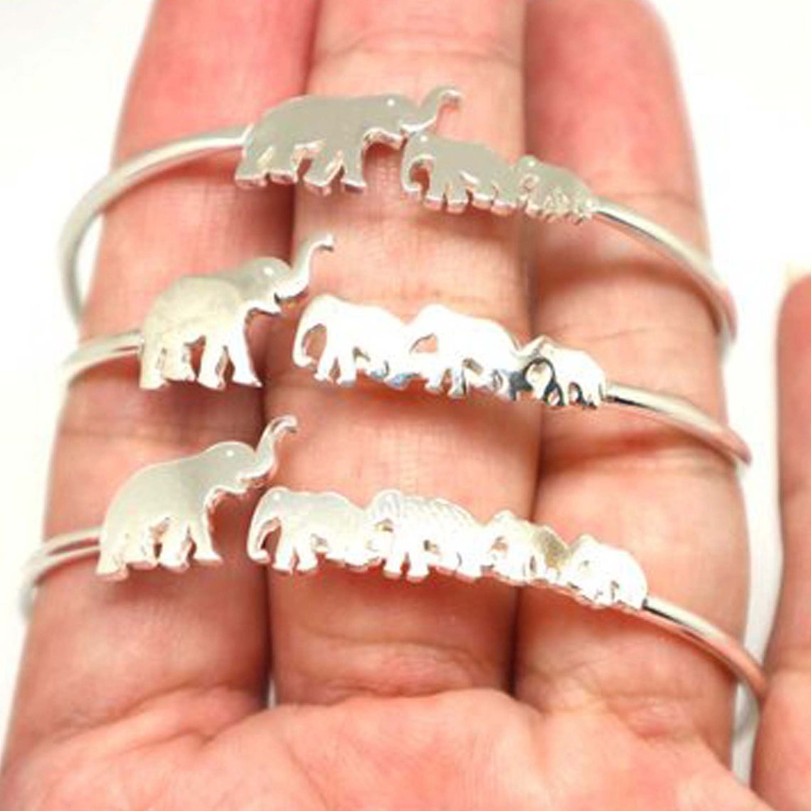 Silver 3 Elephant Bracelet Bangle Mother and 2 Baby Elephant Etsy