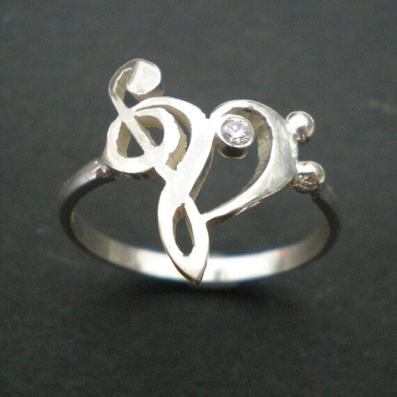 Sterling Silver Opal & Music Note Ring - Treble Clef Heart Design, Sizes 7-9, Gift Boxed