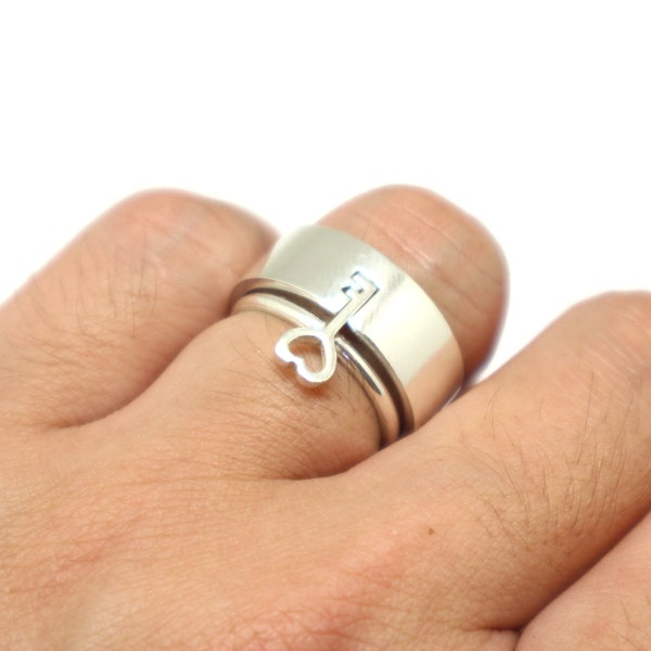 Silver Key and Lock Ring Set: Gift for Boyfriend, Girlfriend, Husband, Wife, Best Friend