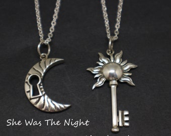 Bohemian Sun and Moon Couple Necklaces - Key and Lock Jewelry, Celestial Necklace, Matching Couple Necklace Set, His and Her Gift