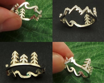 Silver Mountain Pine Tree Wave Ring - Travel Ring Traveler, Nature ring, Forest Ring, Inspiration Ring, Unique Outdoor Gift, Climbers, Hiker