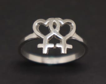 Silver Double Venus Heart Ring : Friendship, Lesbian, Equality, Feminist, US Size 4 - 14
