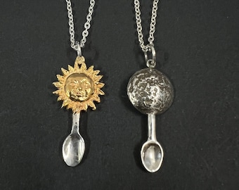 Silver Sun Moon Spoon Necklaces for Couples - Spoon Jewelry, Matching Couple Necklace Set, Boyfriend, Girlfriend, Mother, Daughter