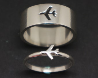 Silver Plane Couple Promise Ring - His and Her Ring for Women, Alternative Engagement Matching Ring, Pilot & Flight Attendant Gift