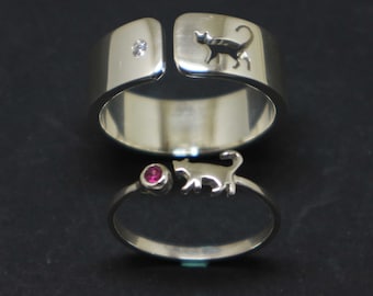 Silver Cat Matching Ring for Couples - Kitten Animal Jewelry, Graduation Ring, Alternative Engagement Wedding Matching Ring