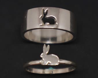 Silver Rabbit Promise Ring Set: Personalized Custom Engraved Name, Easter Bunny, Mother's Day Gift