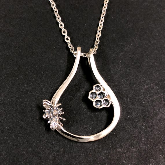 Silver Bee Honeycomb Ring Holder Necklace Nature Insect Jewelry