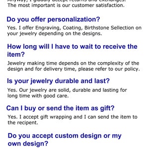 May include: Frequently asked questions about jewelry, including personalization, delivery time, durability, gift wrapping, and custom design. The text includes the phrase "If you have any question, please convo us."