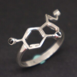 Science Serotonin Molecule Ring Black Birthstone Happiness Science Nerd Wedding Geeky Valentine Ring Chemistry Biology Mother Day Gift image 2