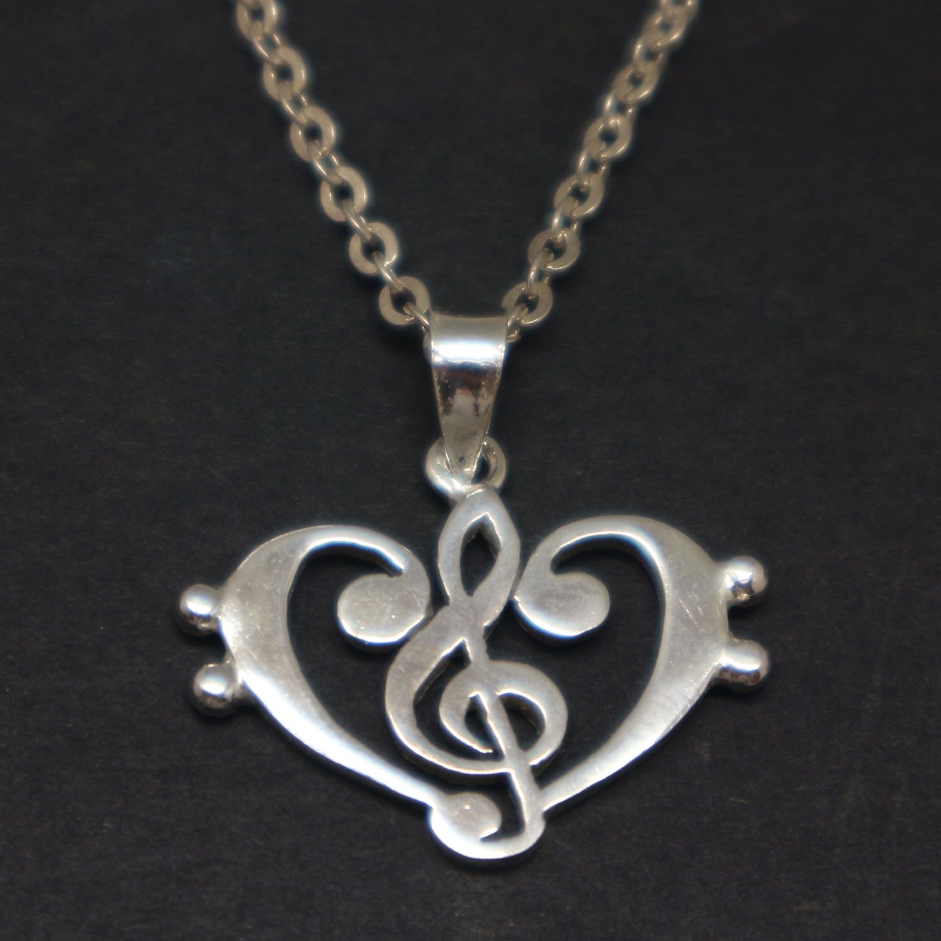Treble Bass Clef Heart Necklace 925 Sterling Silver Music Lover Pendant Gift Treble Bass Clef Heart Necklace 925 Sterling Silver Music Lover Pendant Gift