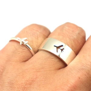 Silver Airplane Promise Ring for Couple - His and Hers Ring for Woman, Alternative Engagement Matching Ring, Pilot & Flight Attendant Gift