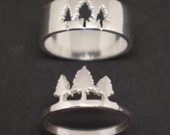 Pine Tree Couple Set Promise Ring - Tree Forest Jewelry, His and Her Ring, Alternative Engagement Wedding Matching Ring, Nature Lovers Gift