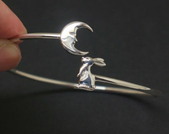 Silber Mond und Kaninchen Armband - Sterling Silber Hase Armreif, Geschenk für Mutter Tochter, Schwester, Freundin