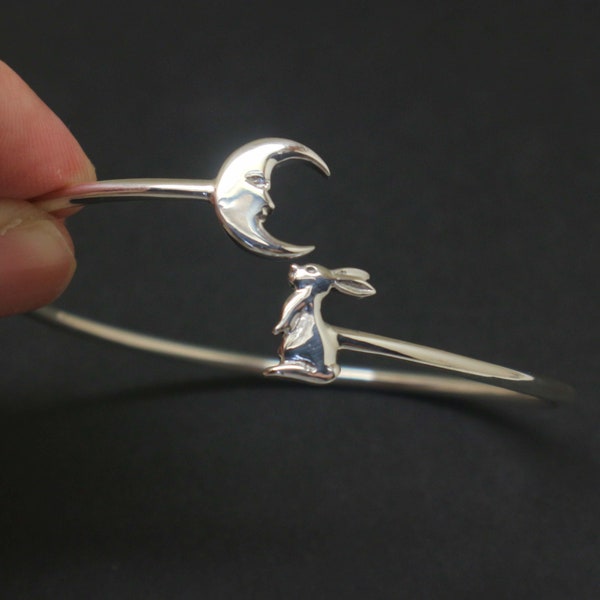 Silver Moon and Rabbit Bracelet - Sterling Silver Bunny Bangle, Gift for Mother Daughter, Sister, Girlfriend