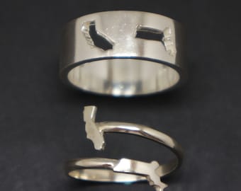 Silver Long Distance Map Ring Set: Personalized Custom State, Initial, Name, Dates, Coordinates, City, Location