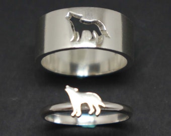 Wolf Couple Set Promise Ring - Wolf Jewelry, His and Her Wolf Matching Ring, Alternative Engagement Wedding Ring, Wolf Lovers Gift, Fox Ring