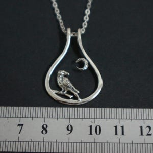 May include: A silver pendant necklace featuring a bird perched on a branch inside a teardrop-shaped frame. A crescent moon is also inside the frame. The necklace is on a silver chain.