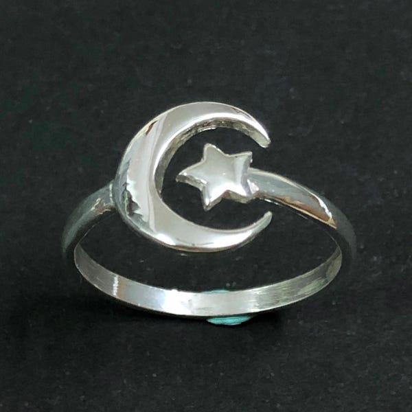 Anillo de media luna y estrella en plata de ley - anillo cósmico, anillo de fases lunares judías - anillo de luna creciente - anillo celestial, bohemio, anillo planetario