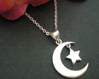 Half Moon and Star Necklace Pendant in Sterling Silver - Crescent Moon Jewelry - Holidays, Christmas, Thanksgiving, New Year Gift