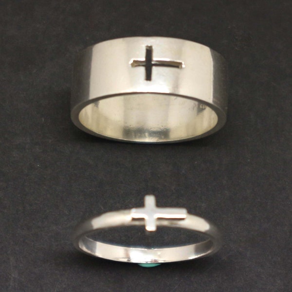 Silver Sideway Cross Couple Ring for Men and Women - Cross Promise Ring, Alternative Matching Ring, Baptism or Easter Gift