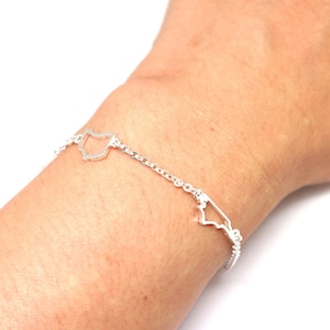 Peut inclure: Un bracelet en chaîne argent avec deux breloques en forme de contour d'un état. Les breloques sont reliées à la chaîne par de petits anneaux.