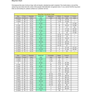 May include: Ring size conversion chart with measurements in inches and millimeters, converting to American, Japanese, British, German, and Swiss ring sizes. Includes a second chart with Australian, Italian, and French sizes.