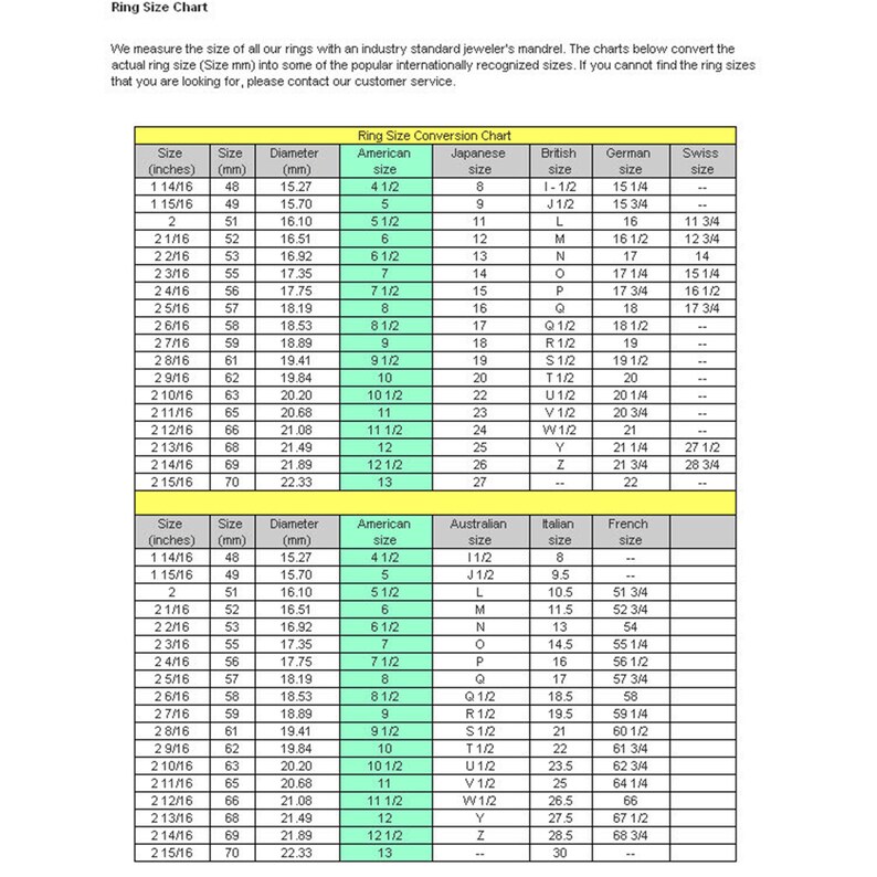 May include: Ring size conversion chart with measurements in inches and millimeters, converting to American, Japanese, British, German, and Swiss ring sizes. Includes a second chart with Australian, Italian, and French sizes.