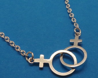Srebrny naszyjnik-choker z podwójną Wenus dla lesbijek: Feminizm, Feminizm, Wzmocnienie, Długość łańcuszka 16'' - 24'' cali