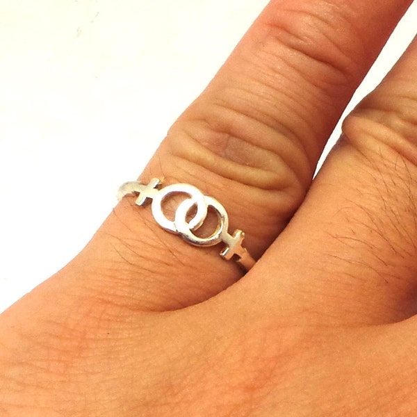 Silver Double Venus Lesbian Ring - Women Symbol Interlocking Ring, Pride, Gay, Bisexual