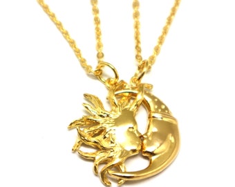 Gold Silver Sun And Moon Necklace Set : Couple Matching Pendant