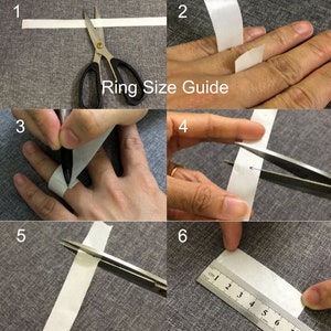 May include: A step-by-step guide on how to measure your finger for a ring using tape, a pen, and a ruler. The guide includes six steps, numbered 1 through 6.  The text "Ring Size Guide" is visible in the image.