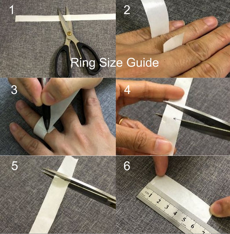 May include: A step-by-step guide on how to measure your finger for a ring using tape, a pen, and a ruler. The guide includes six steps, numbered 1 through 6.  The text "Ring Size Guide" is visible in the image.