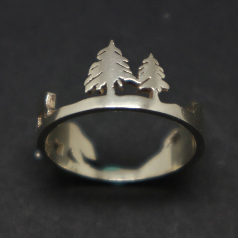 Travel Ring Traveler Unique Outdoor Gift Hiker Silver Bear Mountain Pine Tree Ring Climbers Mother Daughter Bear and cub Jewelry