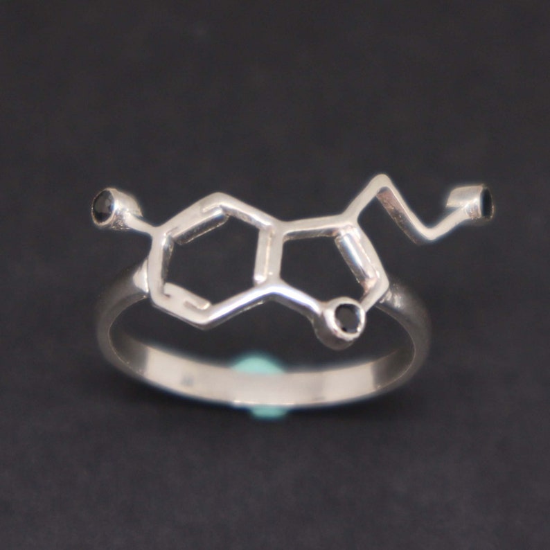 Science Serotonin Molecule Ring Black Birthstone Happiness Science Nerd Wedding Geeky Valentine Ring Chemistry Biology Mother Day Gift image 3