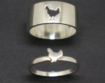 Chicken Promise Ring for Couple - Chicken Jewelry, His and Her Matching Ring, Alternative Engagement Wedding Ring, Hen, Rooster