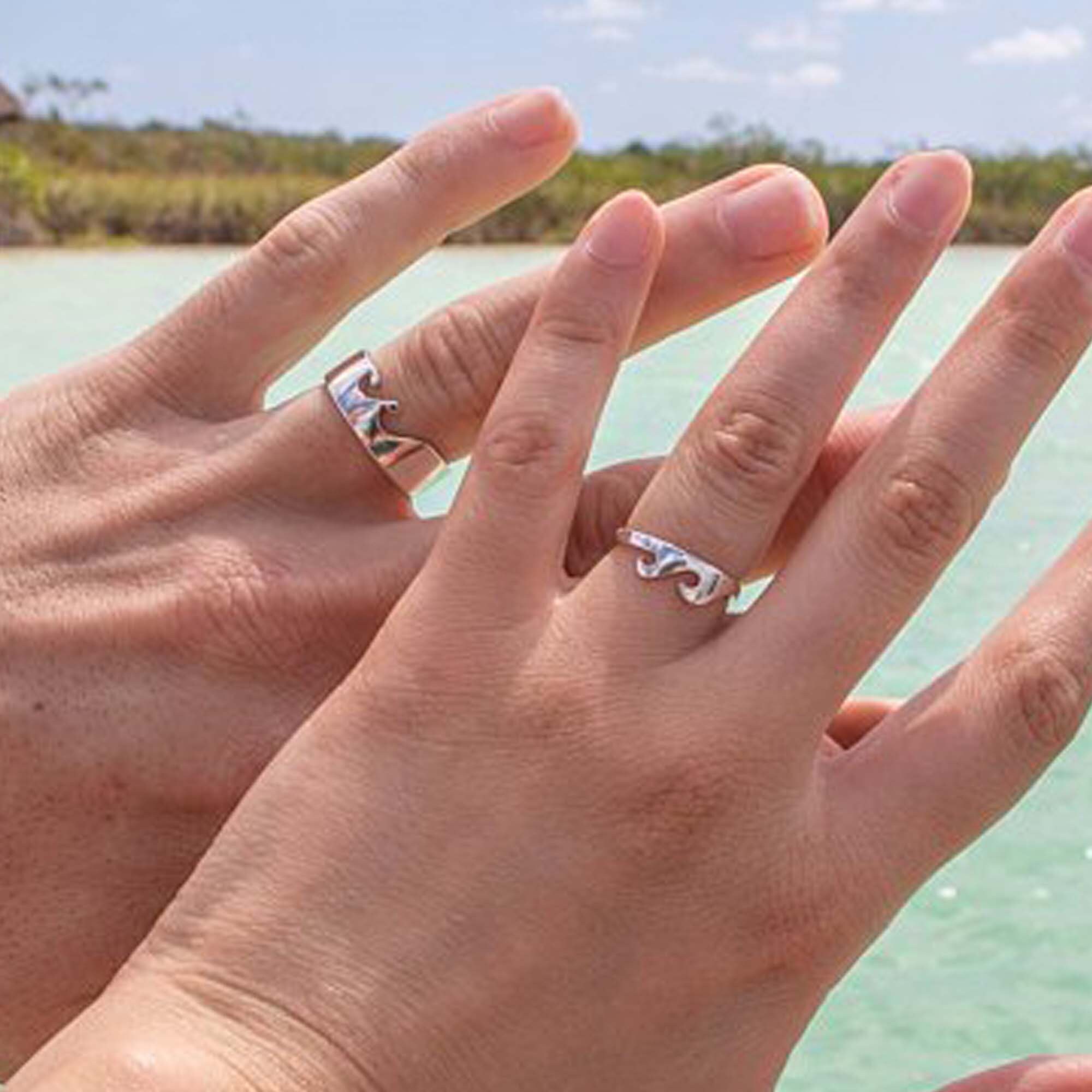 Silver Wave Ring for Couple Set: Personalized Custom Engraved Name