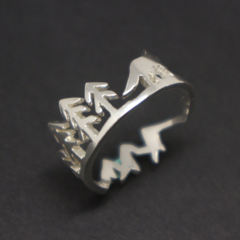 May include: A silver ring featuring a cut-out design of a mountain range and pine trees.