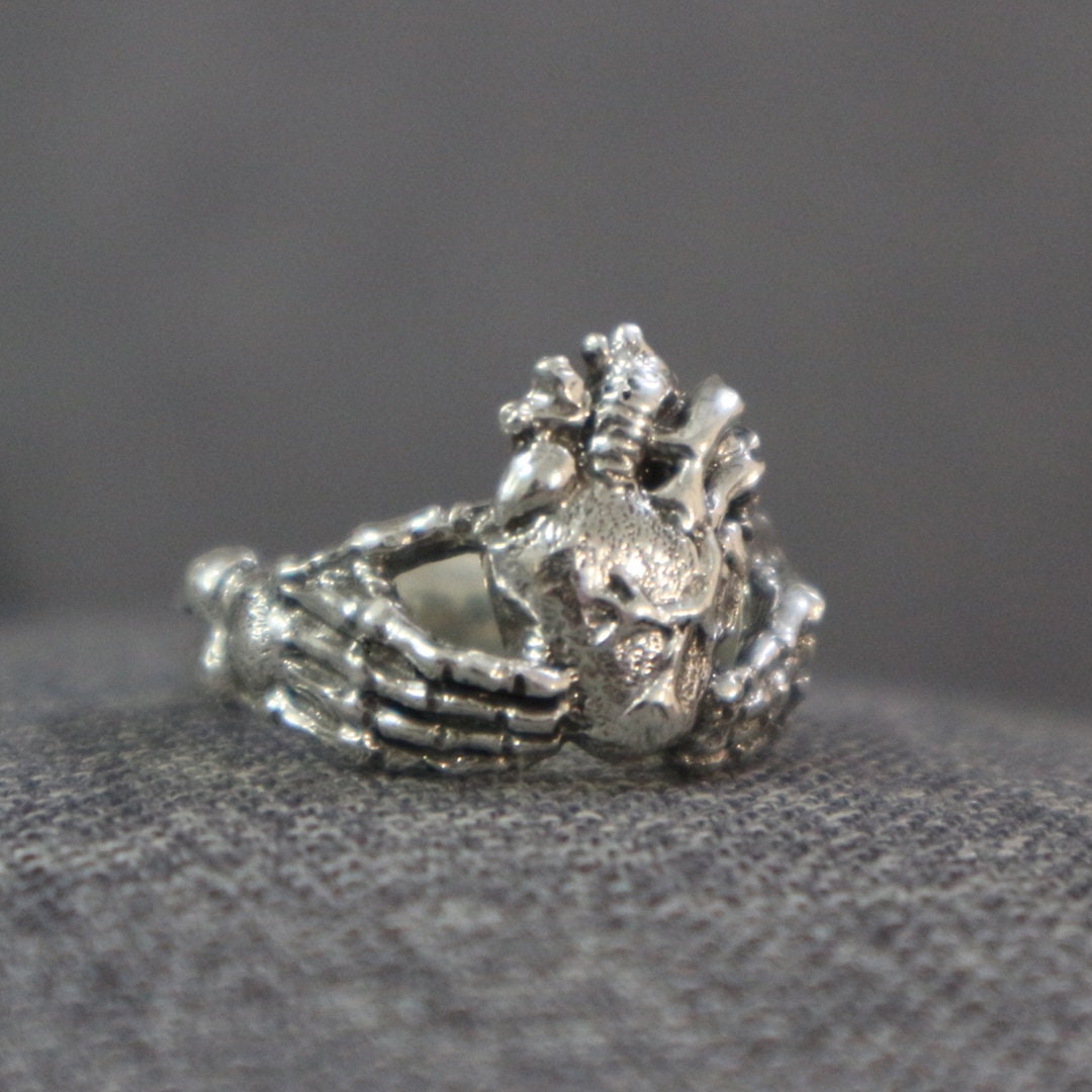 Anatomical Heart Skull Hand Ring Sterling Silver Etsy