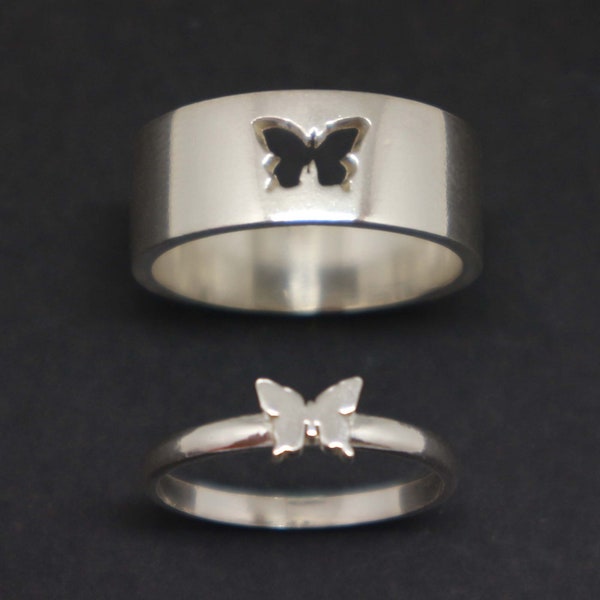 Bague de couple papillon en argent - Bijoux papillon, bague de promesse pour elle et lui, bague assortie alternative, cadeau d'anniversaire pour femme ou mari