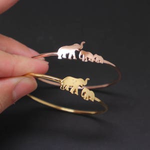 Personalized Elephant Bracelet Bangle Rose Gold, Yellow Gold - Silver Mother and 2 Baby Twin Elephant Bracelet, Mother and Daughter Bracelet