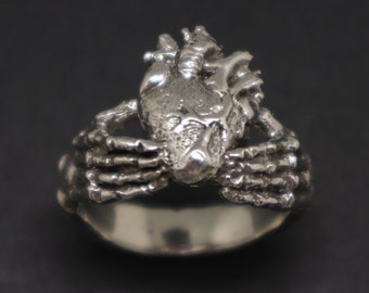Anatomical Heart Skull Hand Ring - Sterling Silver