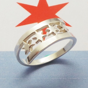 Bague en argent avec drapeau de Chicago - bague étoile de l'État de Chicago - bague fierté de Chicago - unisexe pour homme et femme - État de la carte