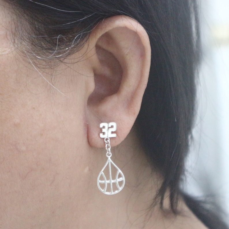 Mother Basketball Jewelry Ear Jacket Gift for Mom Girlfriend Team Couch Gift Silver Basketball and Number Stud Earring