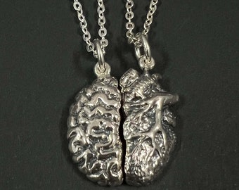 Silver Anatomy Heart Brain Matching Necklace - Medical Graduation Gift for Couples, Boyfriend, Girlfriend, Husband and Wife