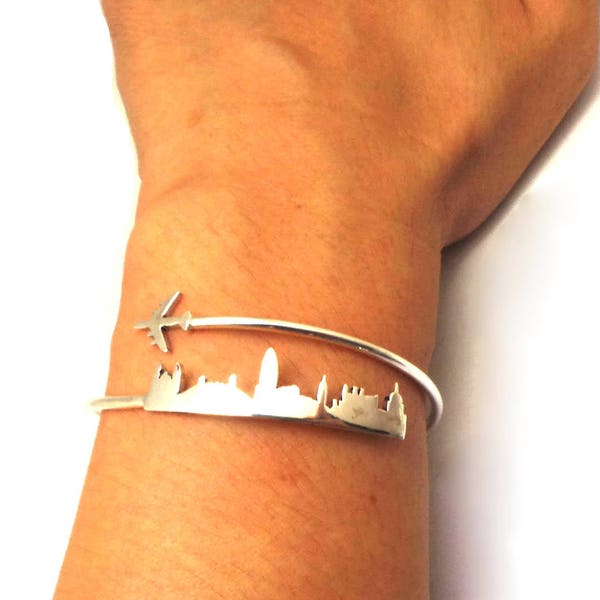 Argent personnalisé avion Londres Skyline bracelet bracelet - bijoux d'avion, bracelet meilleur ami en argent, bijoux de voyage, bracelet de voyage